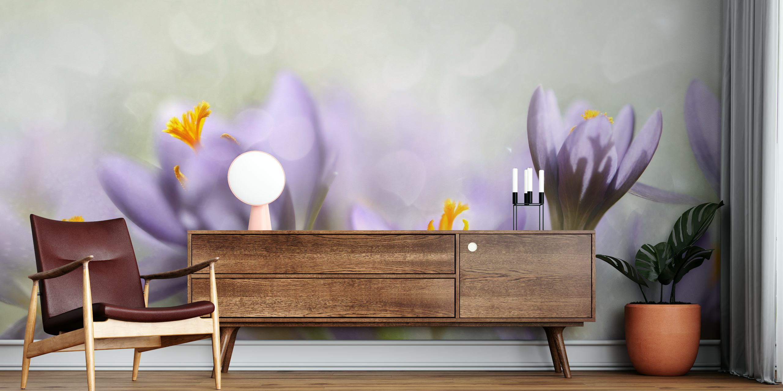 Purple flowers with orange accents in soft focus wallpaper