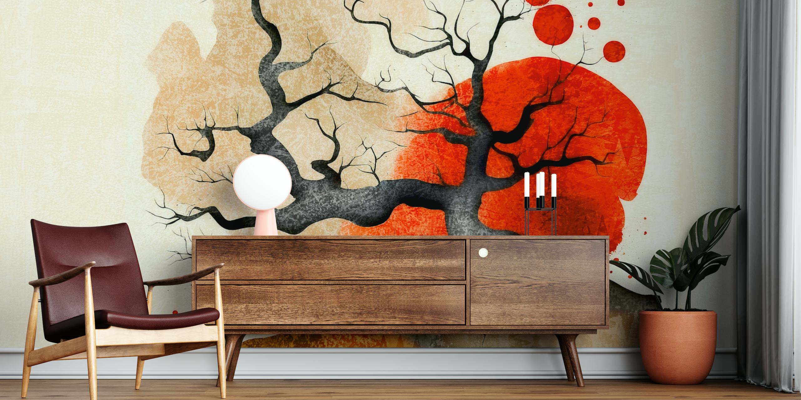 Abstract tree silhouette with red sun and earthy tones wallpaper