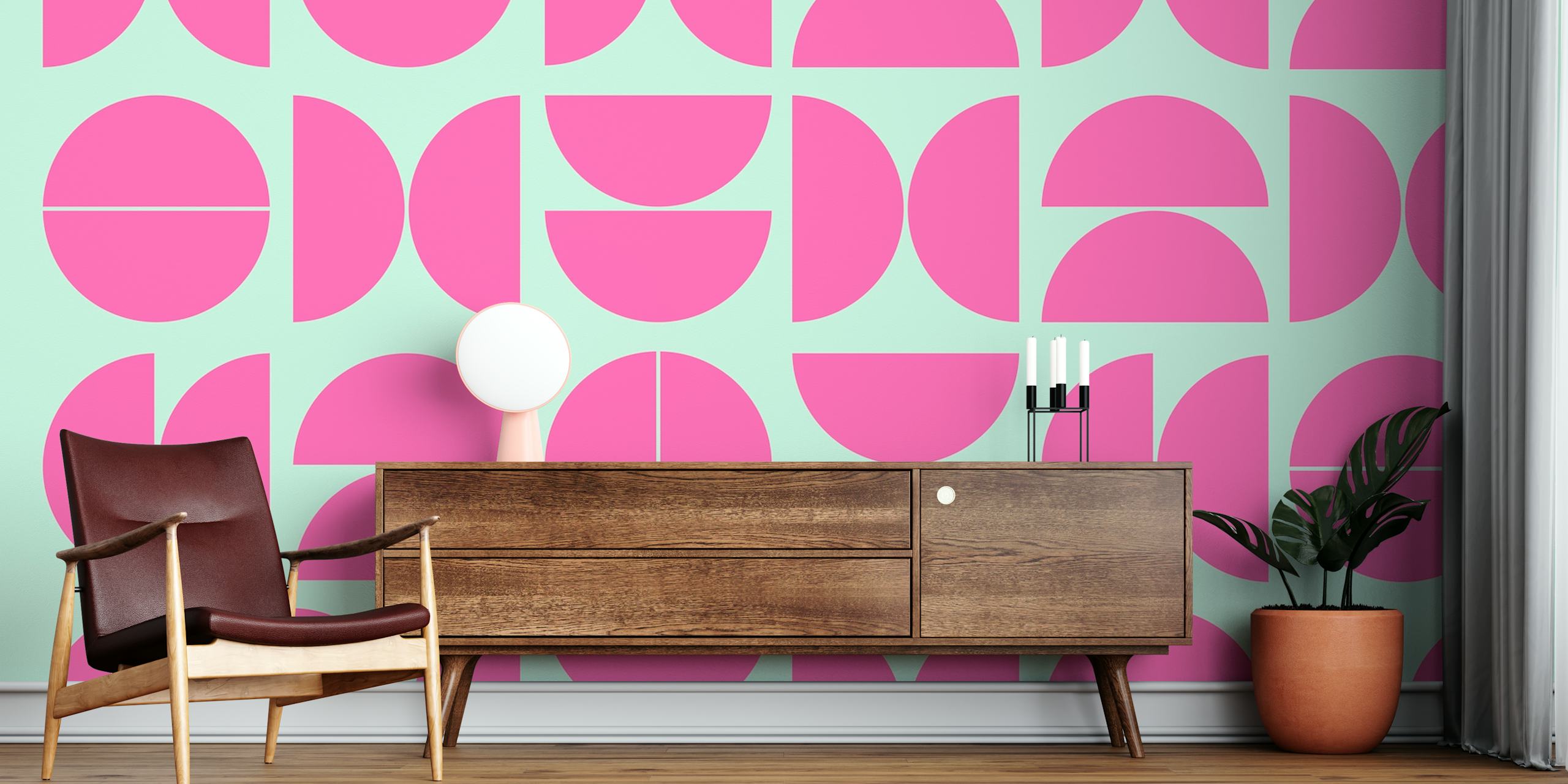 Pink geometric patterns on light blue background wallpaper