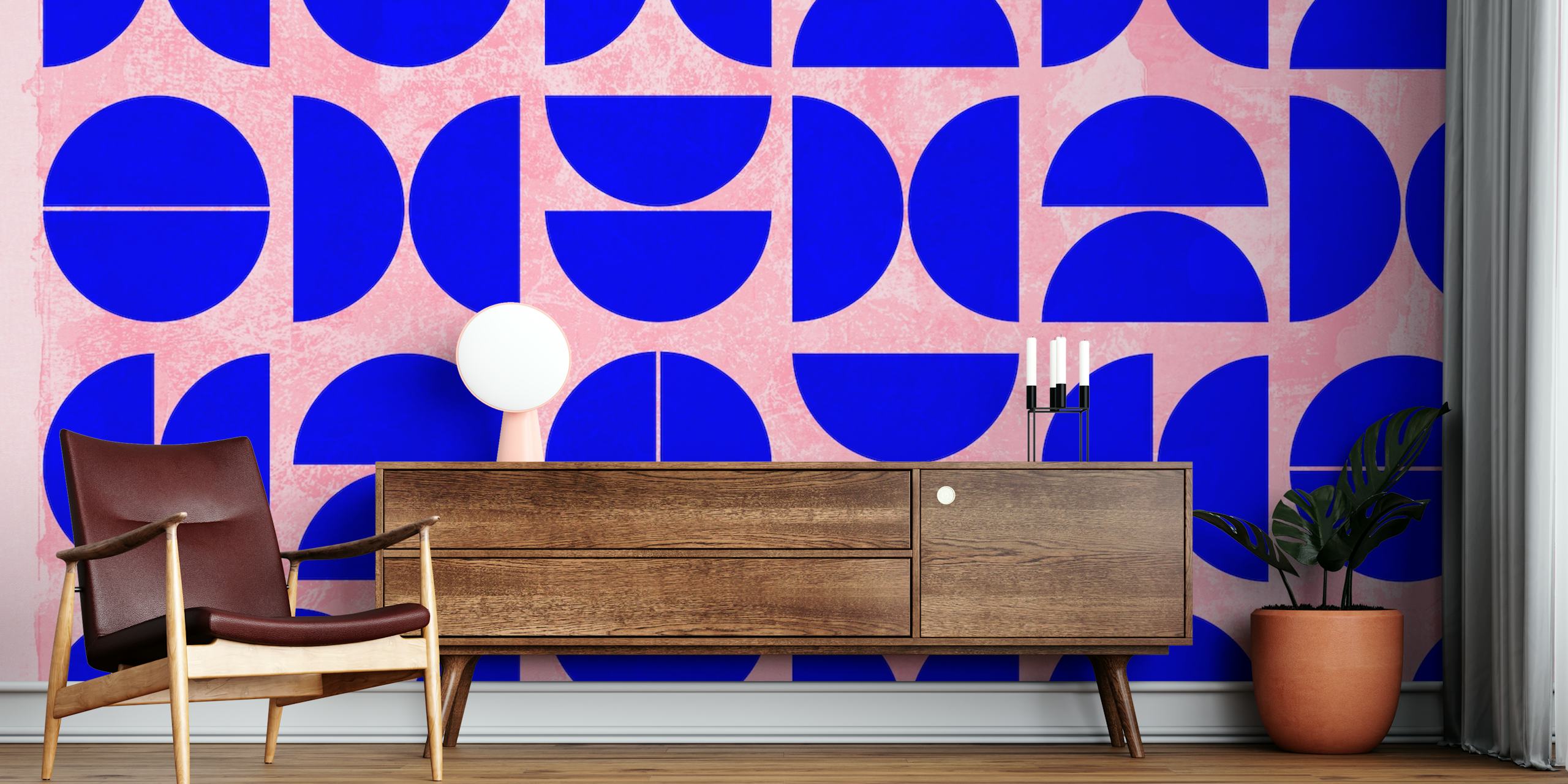 Abstract blauwe geometrische vormen op een neutraal fotobehang voor een modern interieur