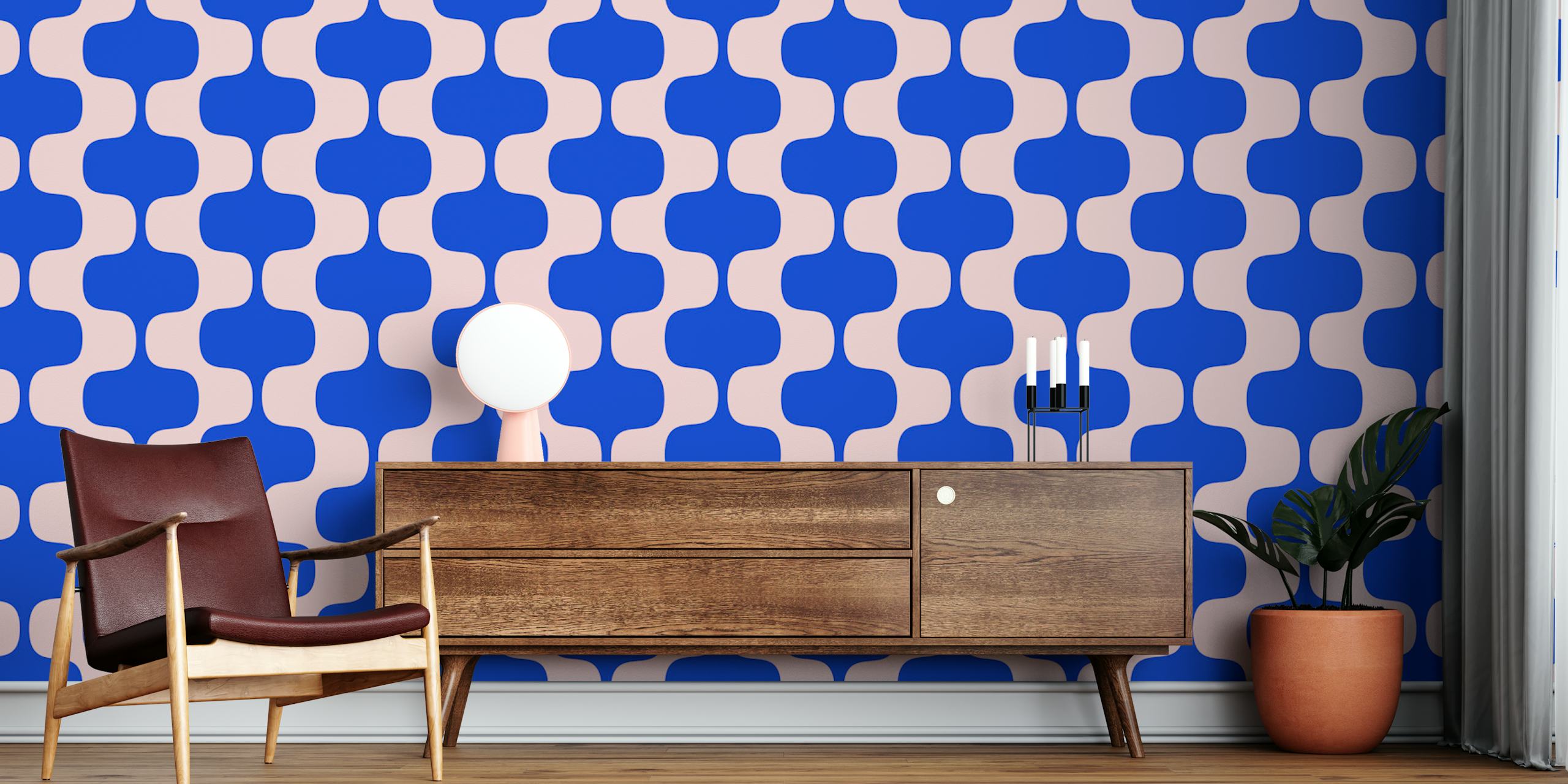 Blue wavy stripes wallpaper in a vintage style