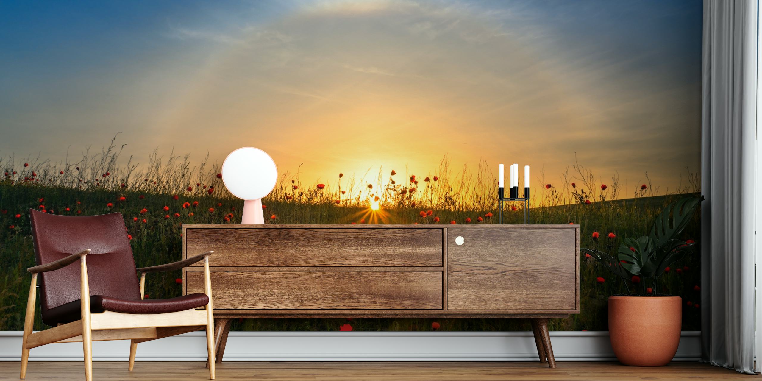 Red poppies and sunrise wallpaper in a room
