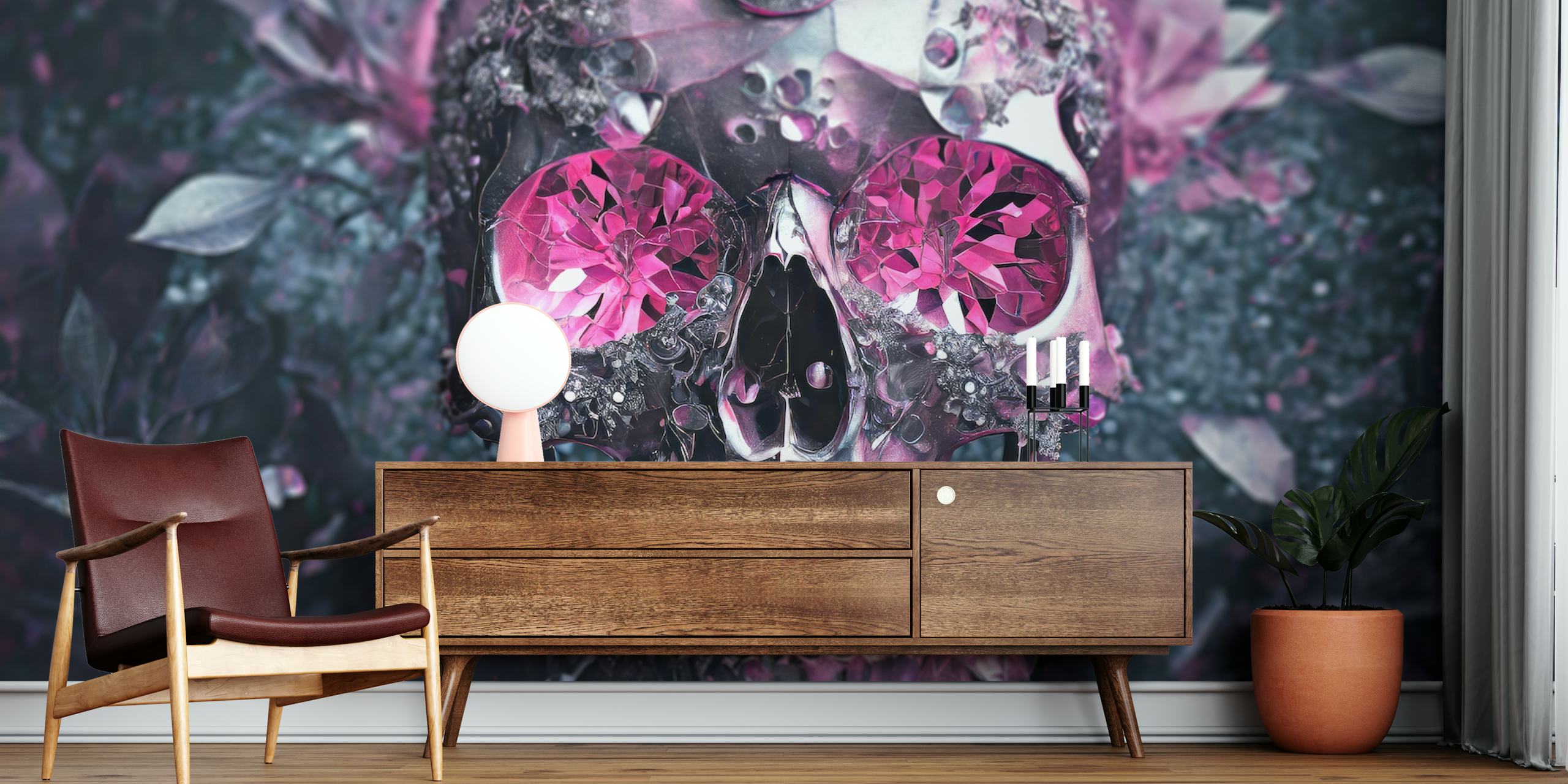 Pink skull design with gem-like eyes and floral elements in dark background wallpaper