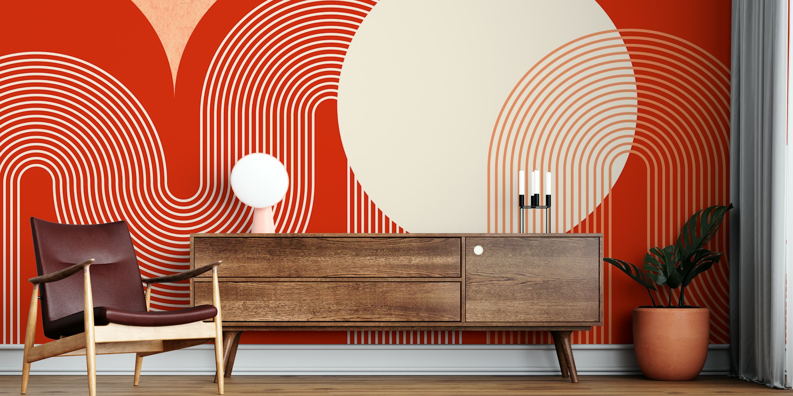 Modern Vivid Rainbow Arch Line Art carta da parati in una stanza