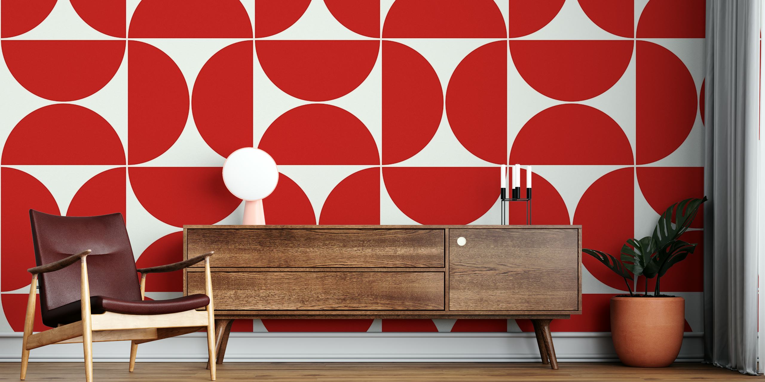 Geometrisches Wandbild in Rot und Weiß aus der Mitte des Jahrhunderts