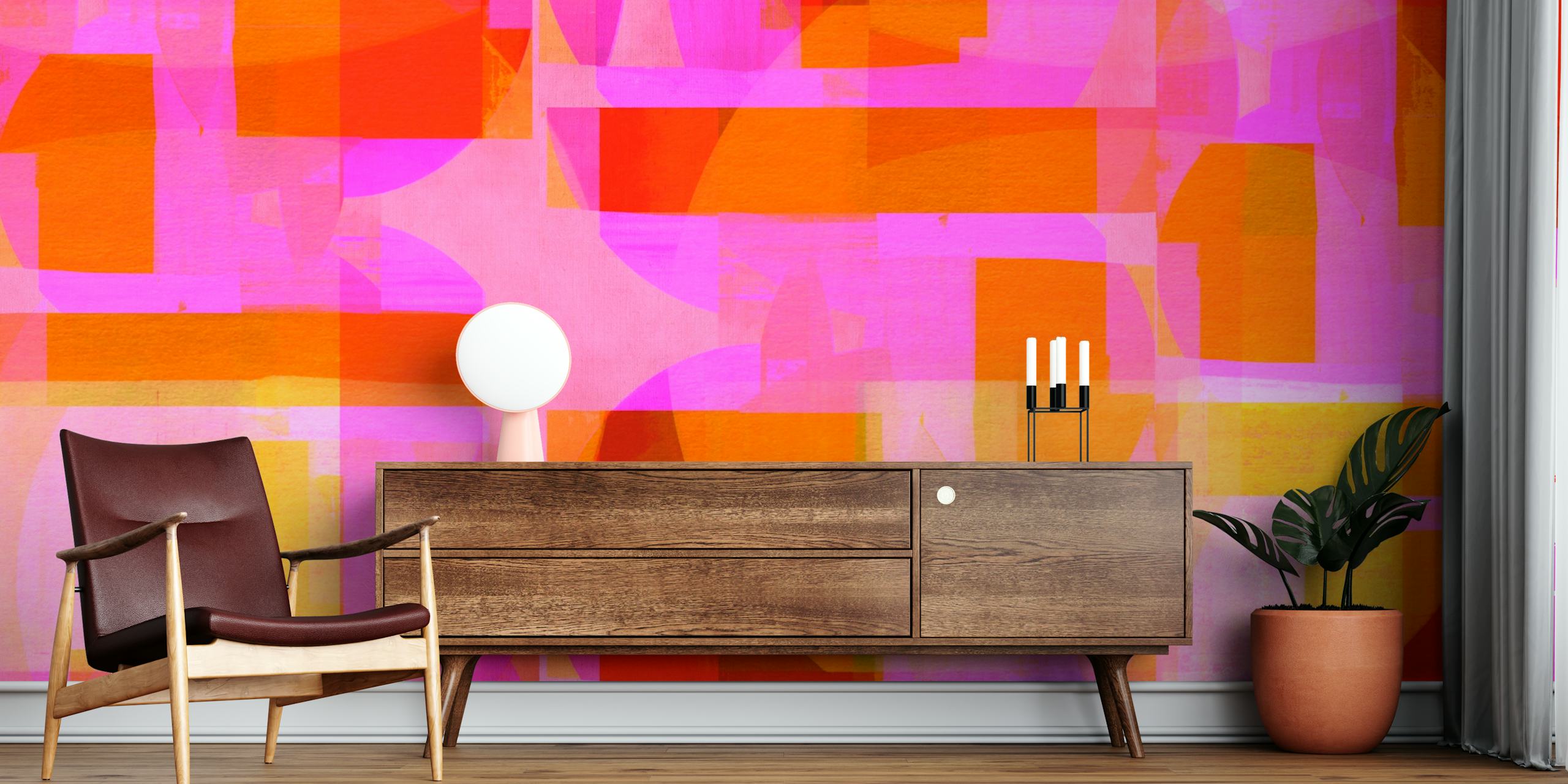 Abstract mid-century Bauhaus style wall mural with geometric shapes in vivid colors