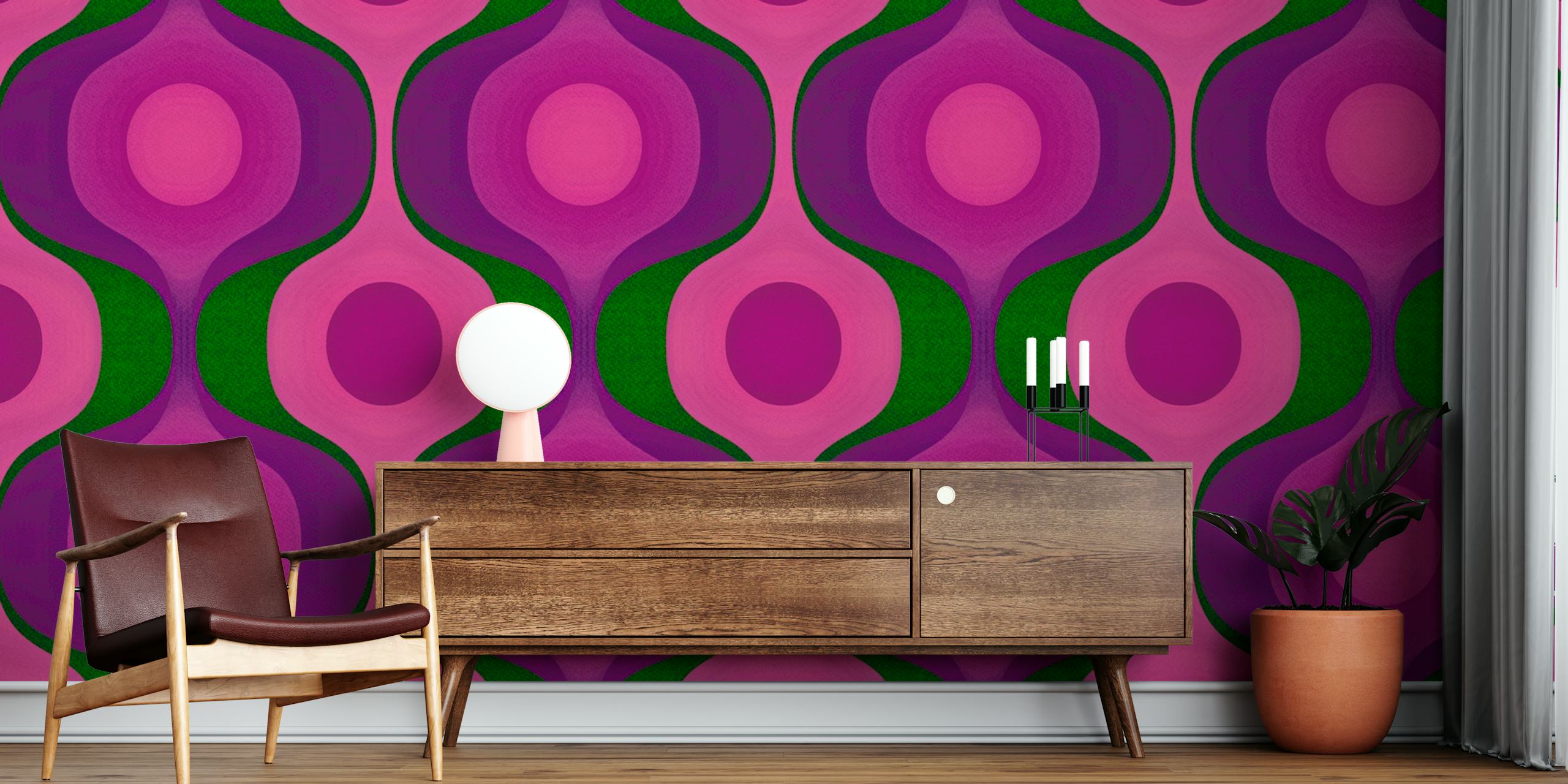 Magenta 70s Groovy Geometry wallpaper in a room