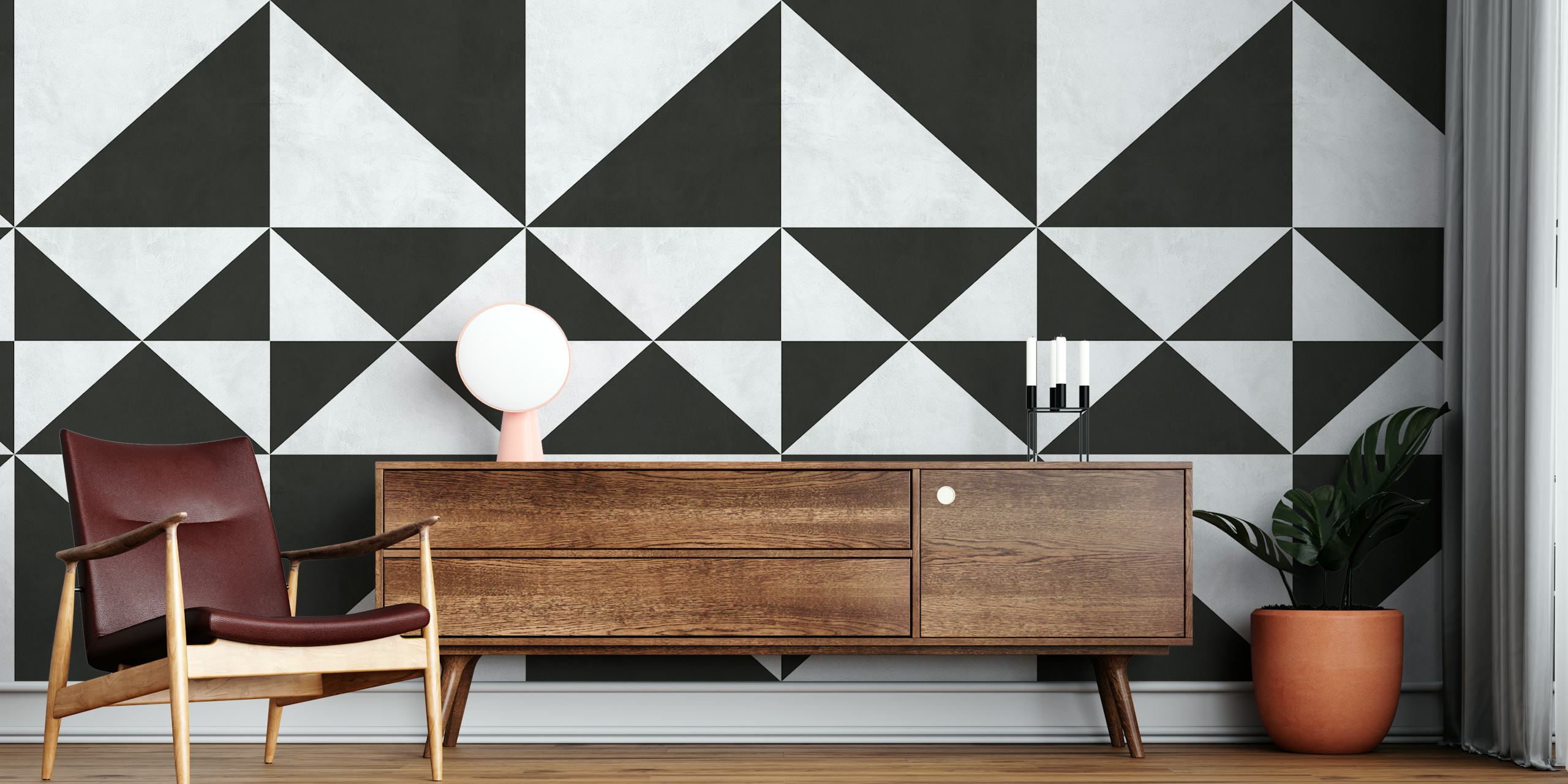 Black and white strokes wallpaper in a room