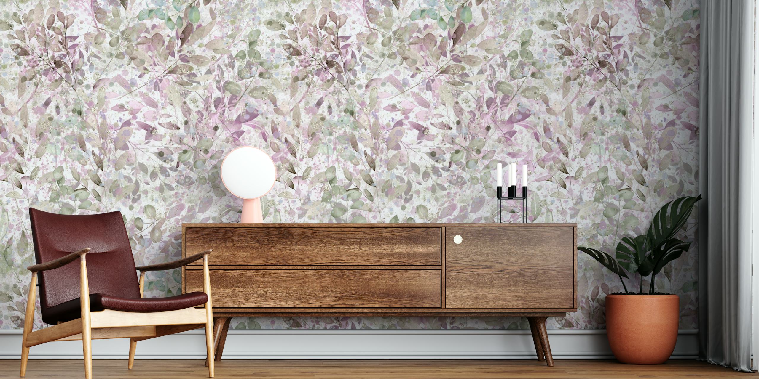 Design tapety Eucalyptus gentle purple v místnosti