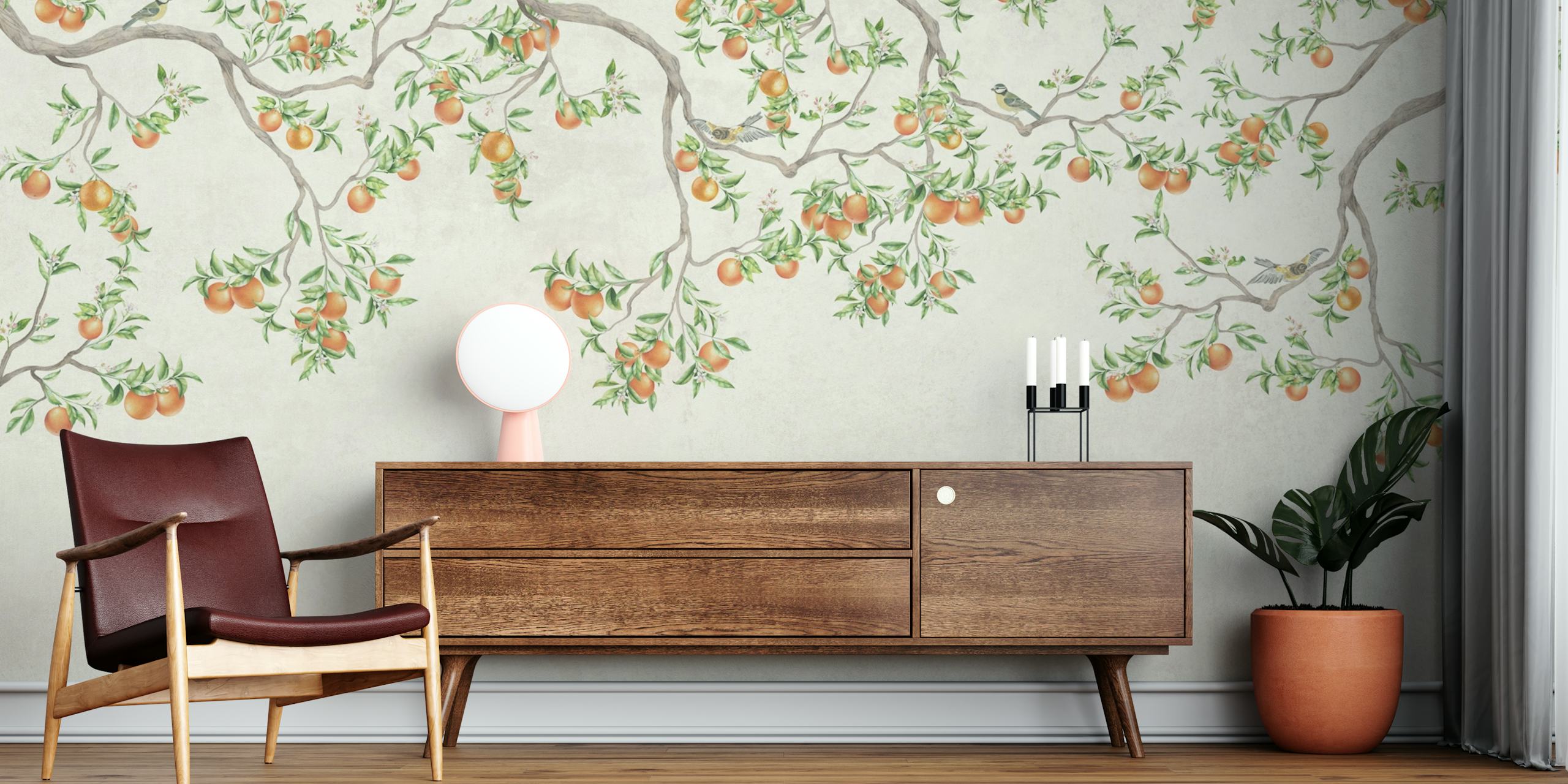 Papel de parede Pastel Tangerine Garden em um quarto