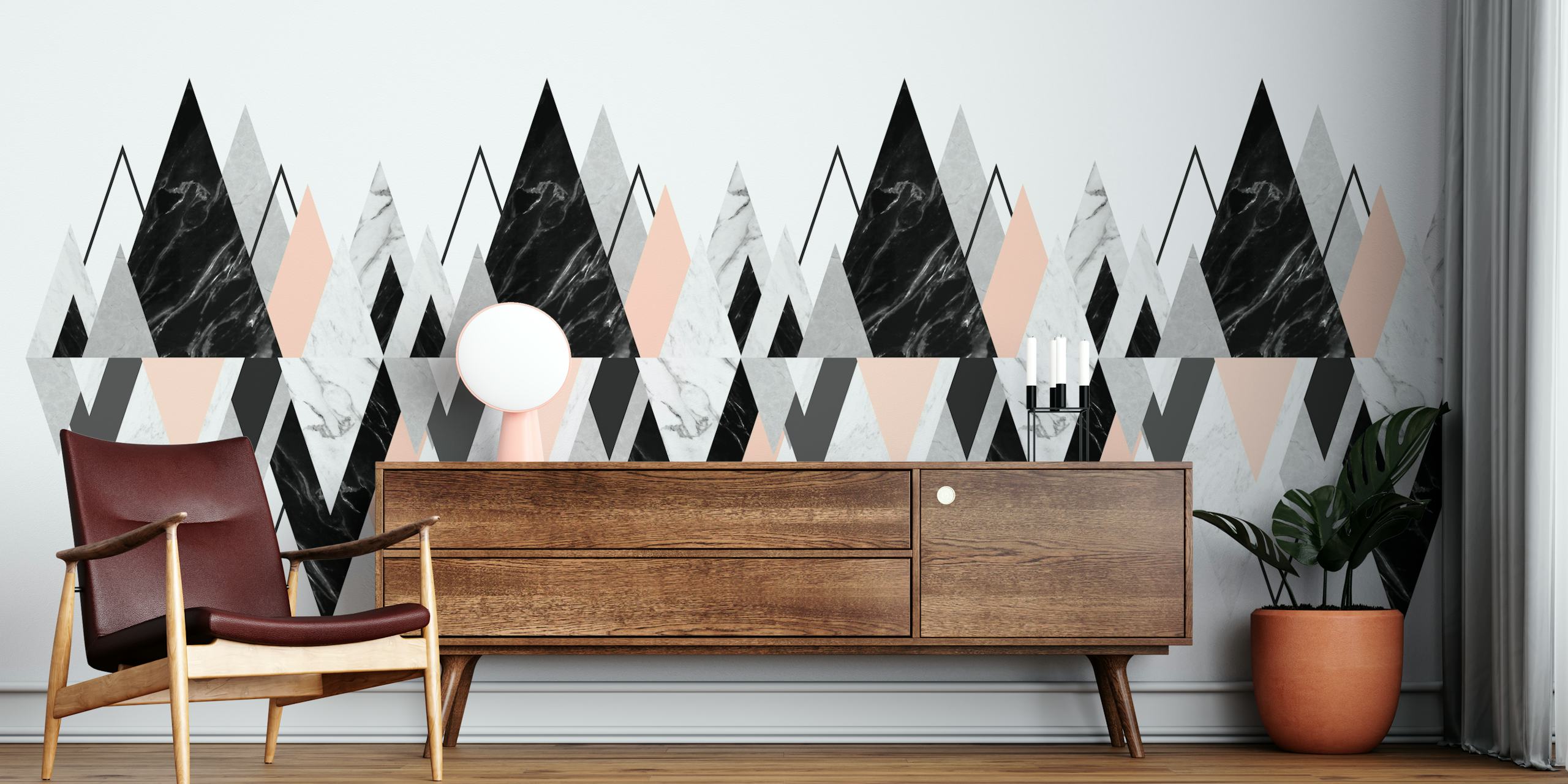 Geometric triangles in black, gray, and blush tones wallpaper