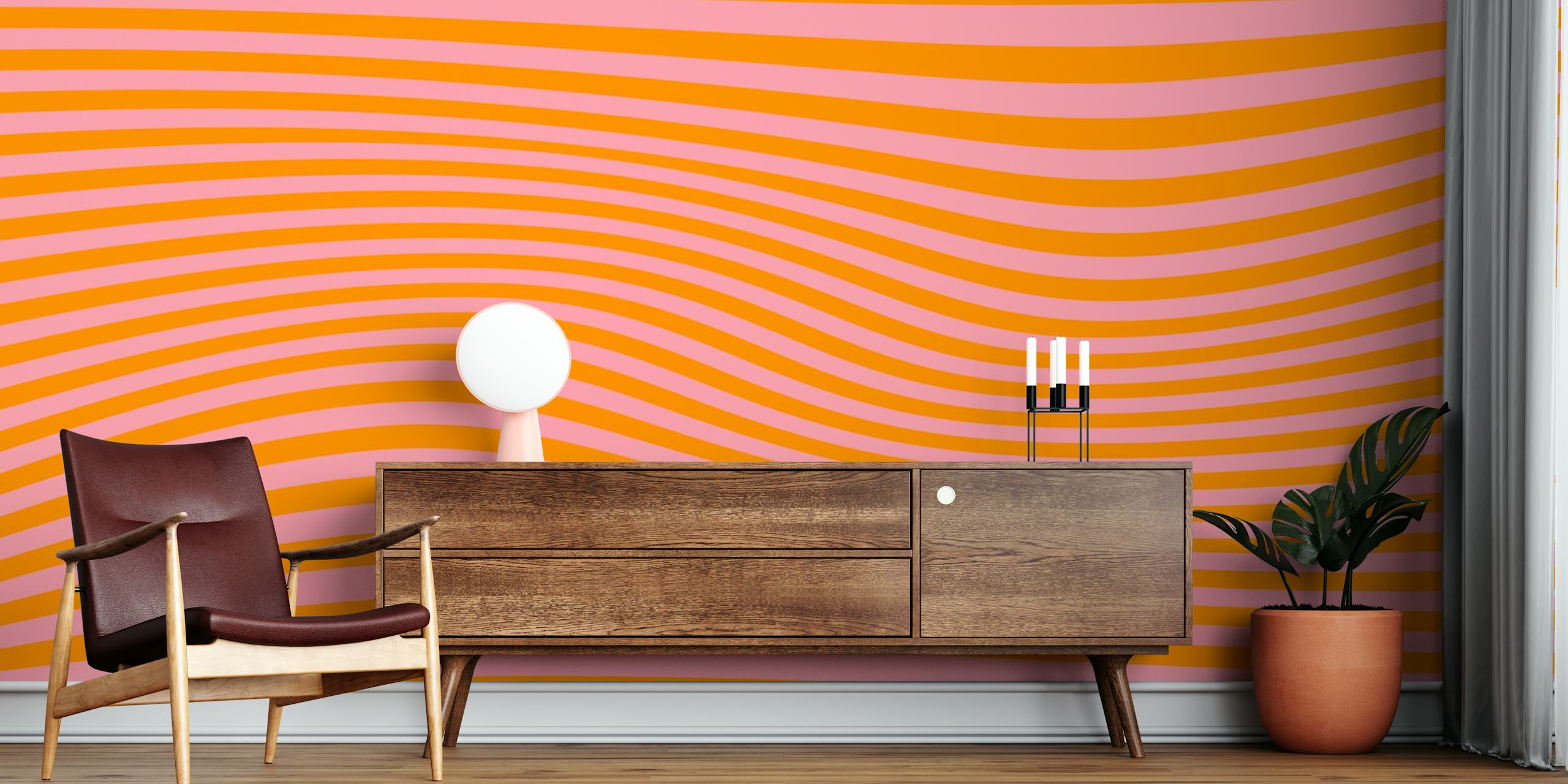 Papier peint Orange Scandi Mid Century Modern Wave Stripes dans une pièce