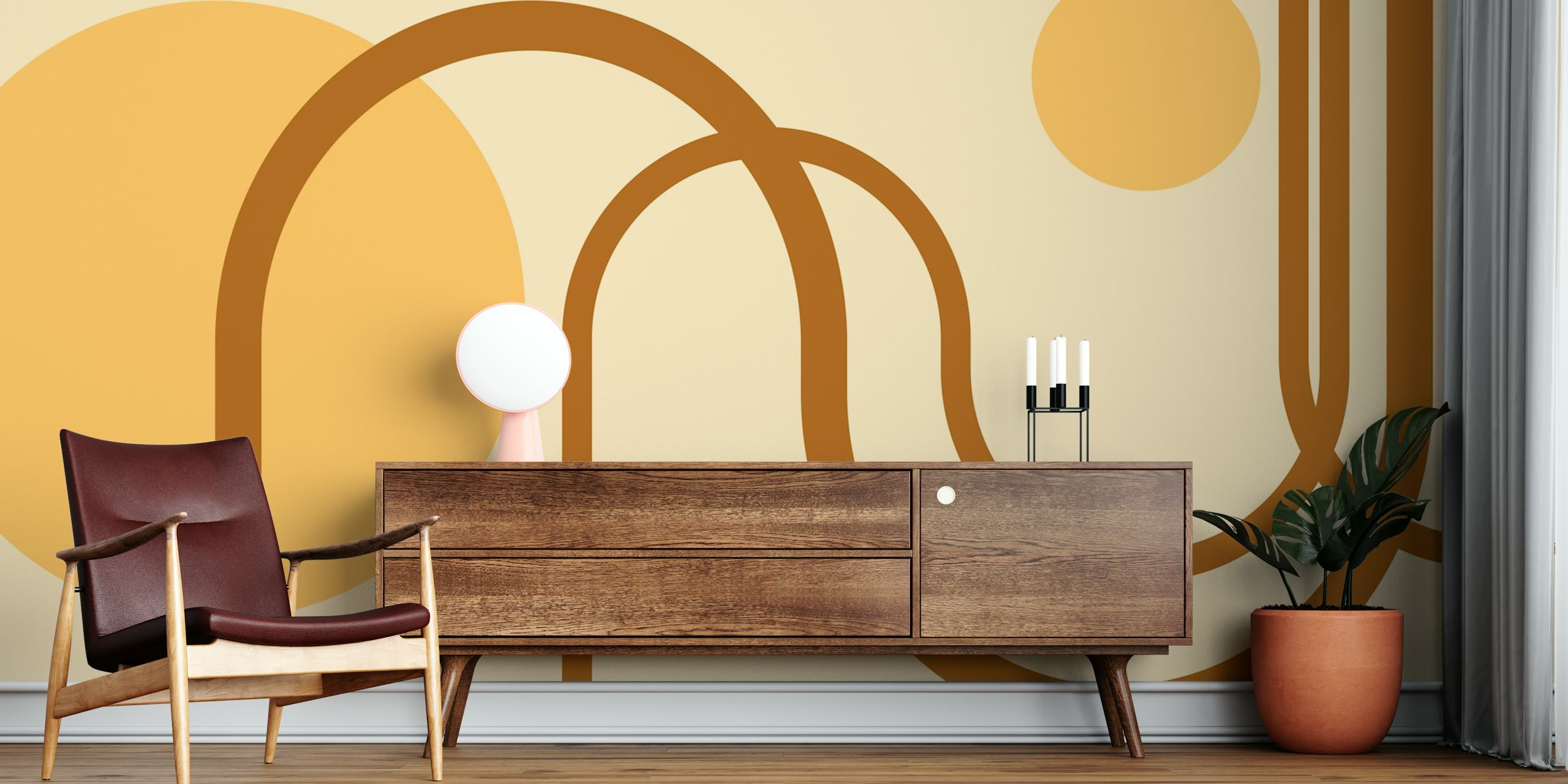 Geometric line patterns and circles in warm beige tones wallpaper
