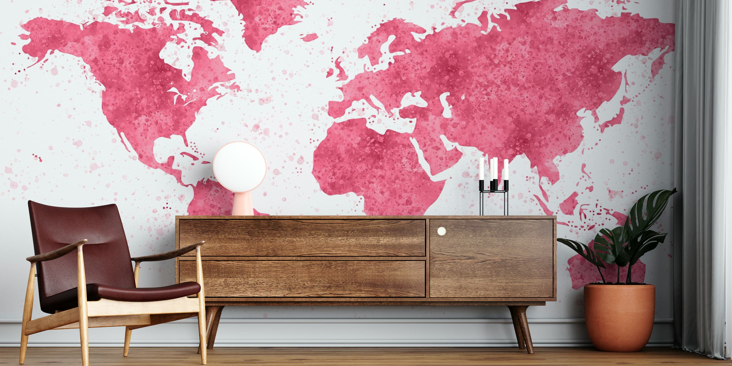 World Map Mural in magenta colors