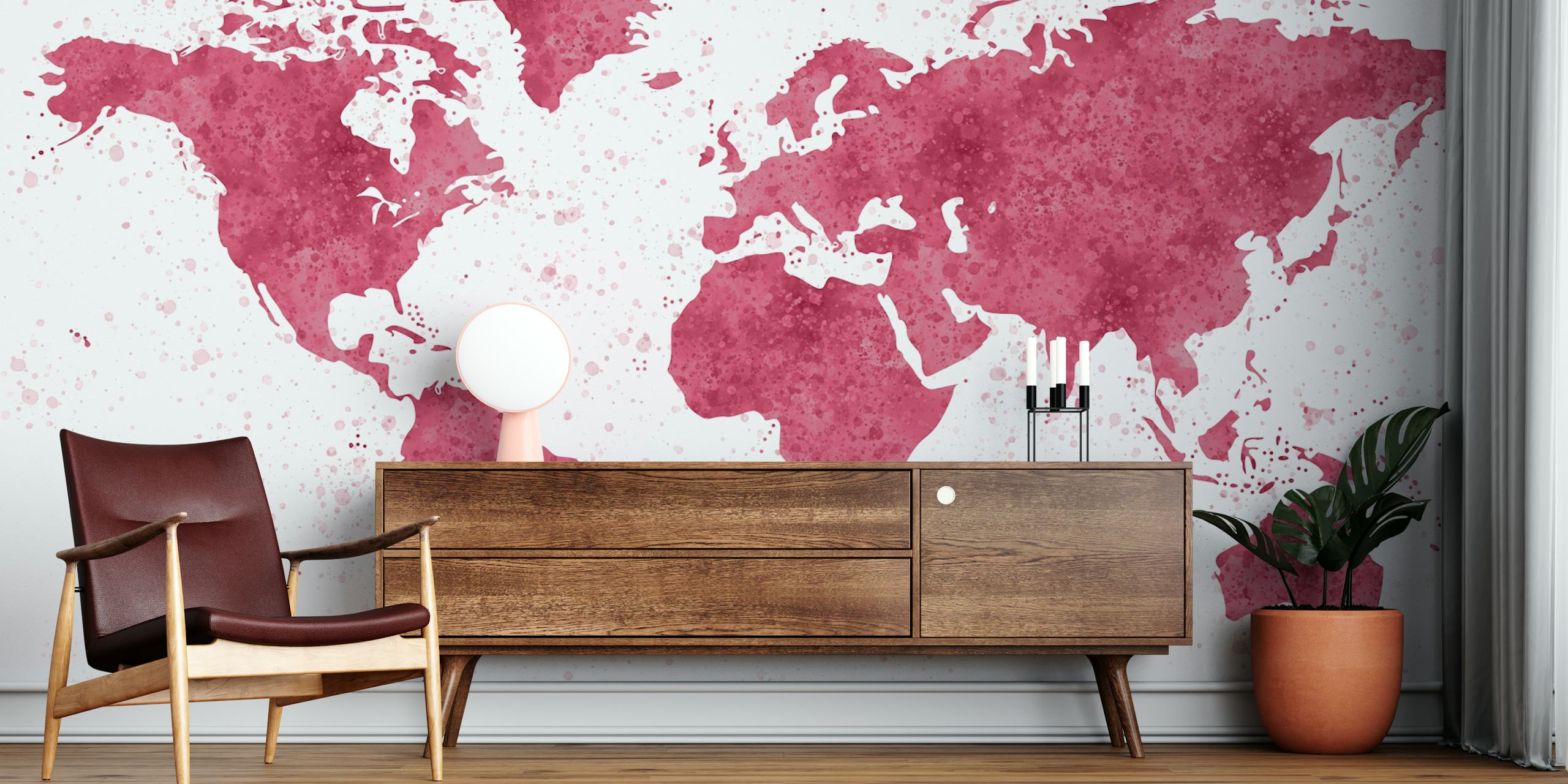 Burgundy world map mural in een kamer
