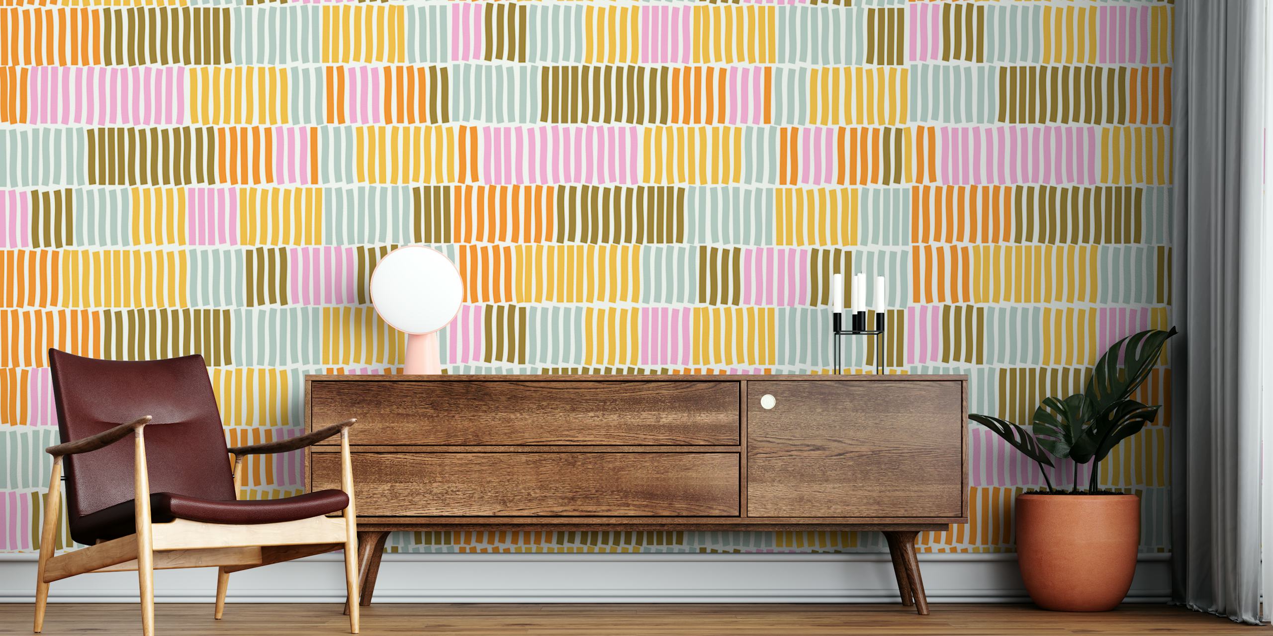 Retro Sunny Pastel Geometric Stripes tapetti huoneessa