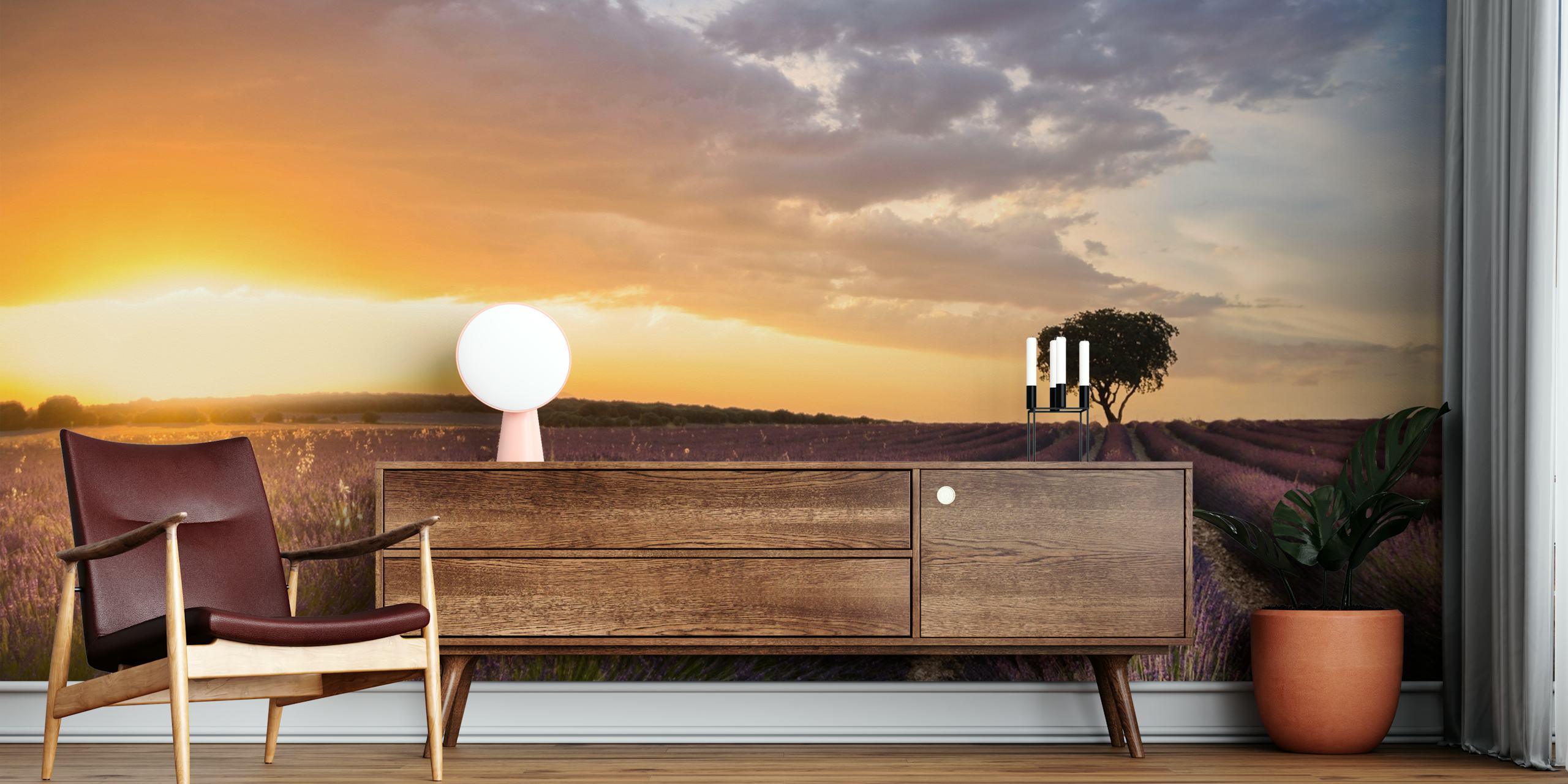 Lavender fields with sunset and a single tree wallpaper