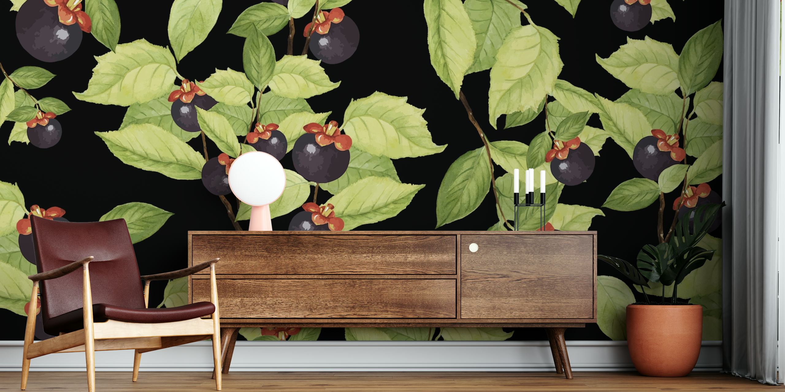 Black floral wallpaper with green leaves and dark fruits
