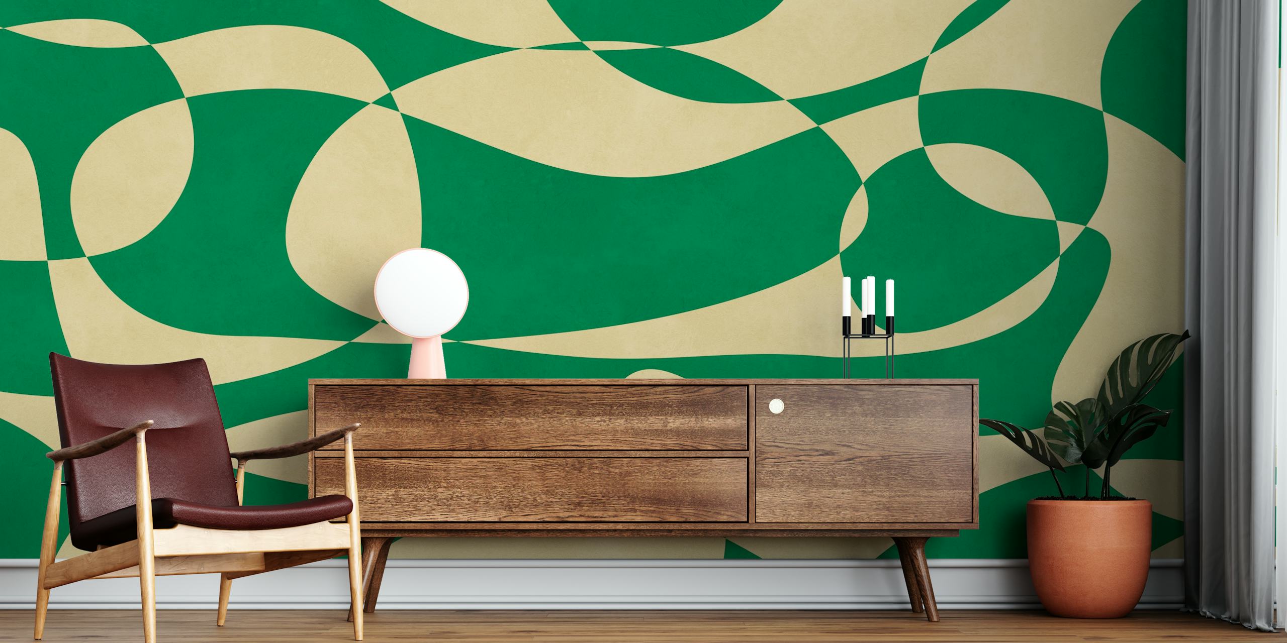 Green and cream abstract wave pattern wallpaper