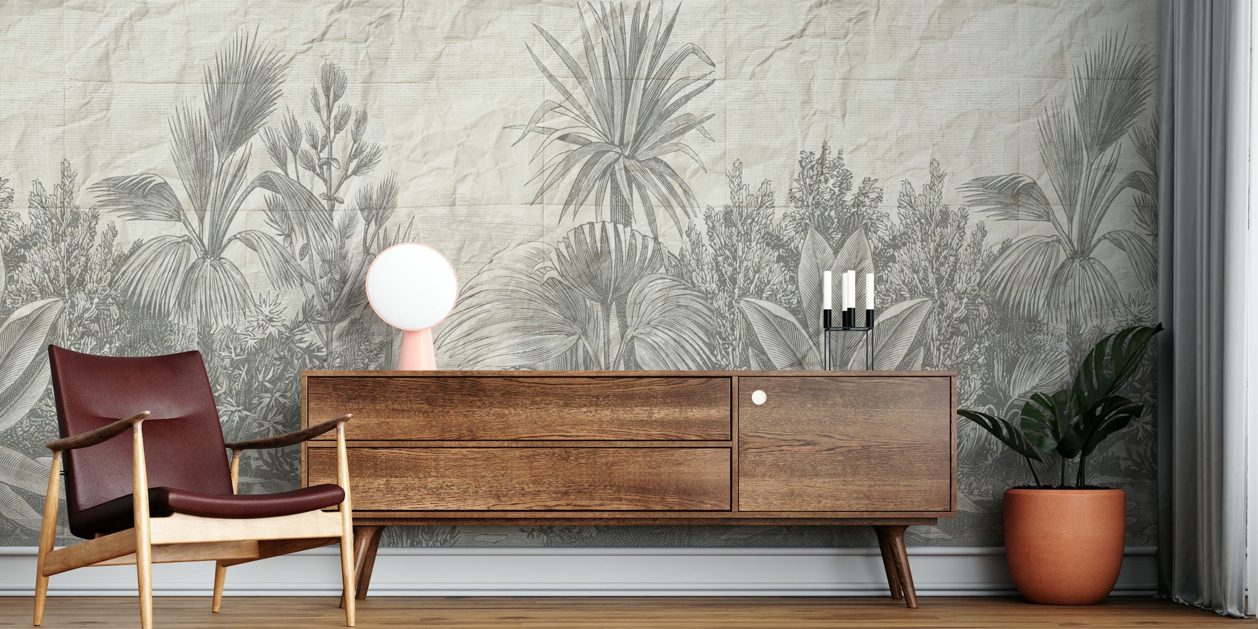 Black and white jungle scene featuring detailed tropical plants wallpaper