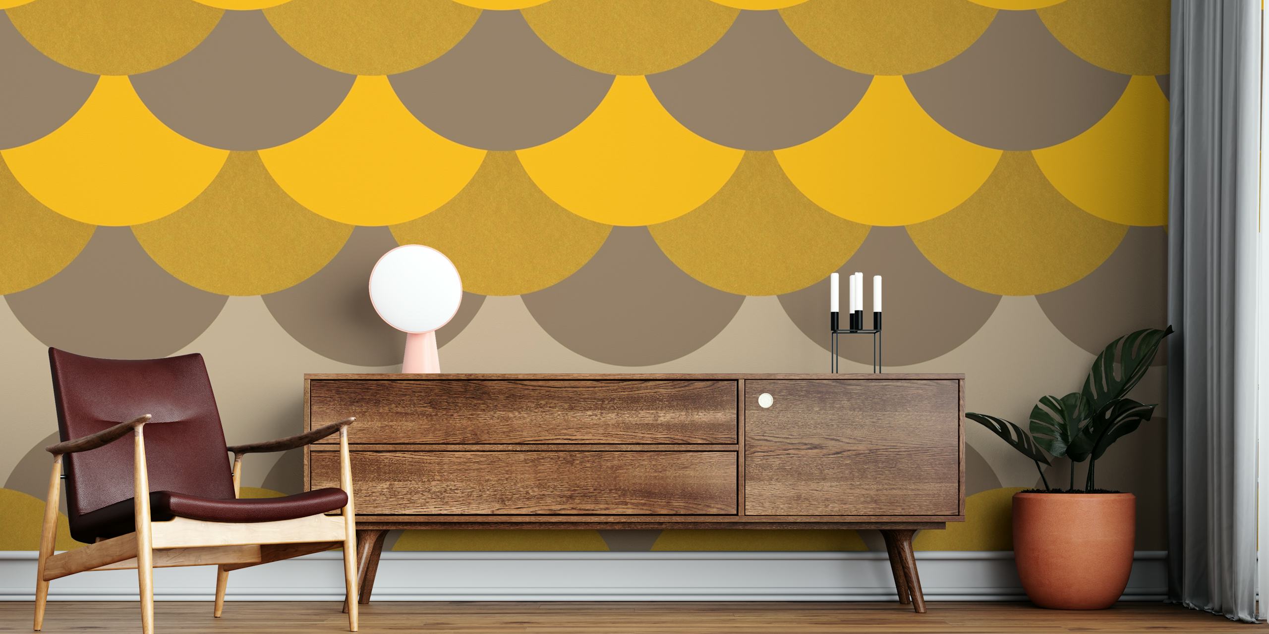 Golden geometric scales pattern wallpaper in yellow and brown tones