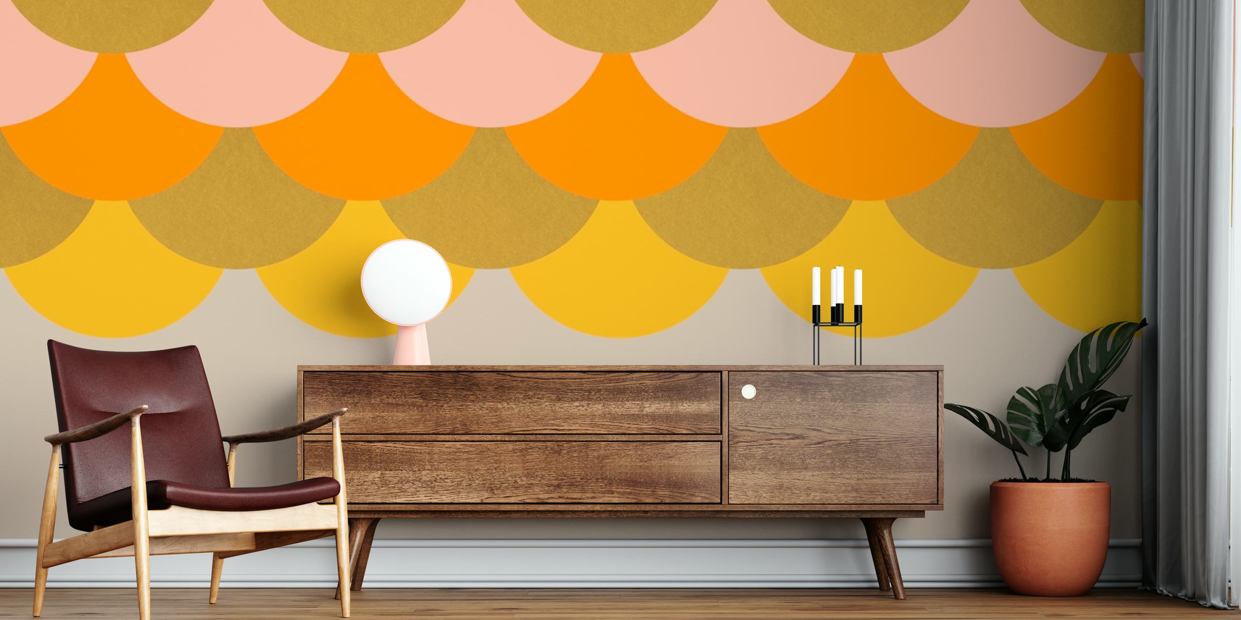 Colorful retro scales pattern in yellow, orange, and pink wallpaper