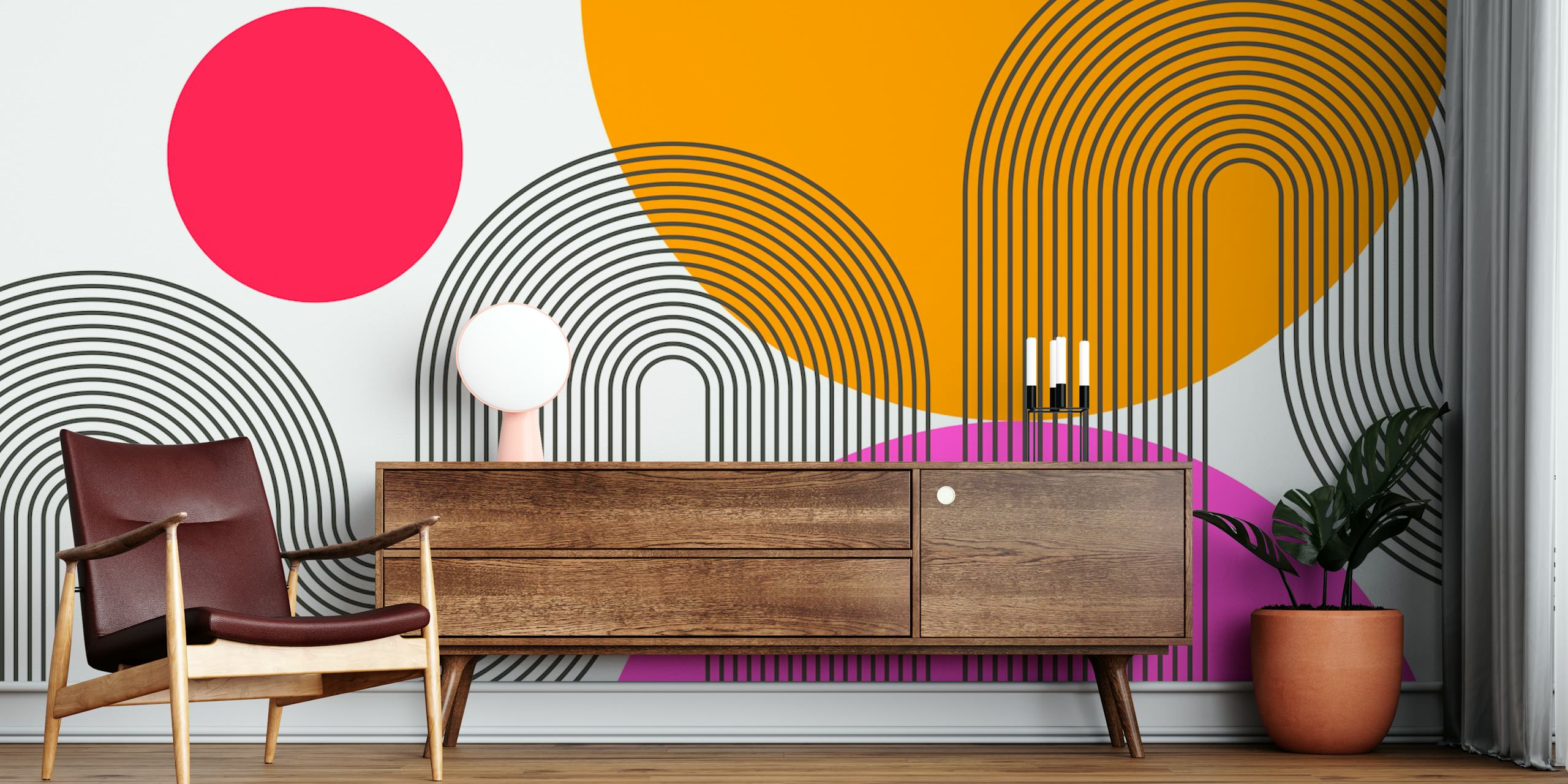 Abstract geometric wallpaper with colorful lines and circles in pink, orange, and black
