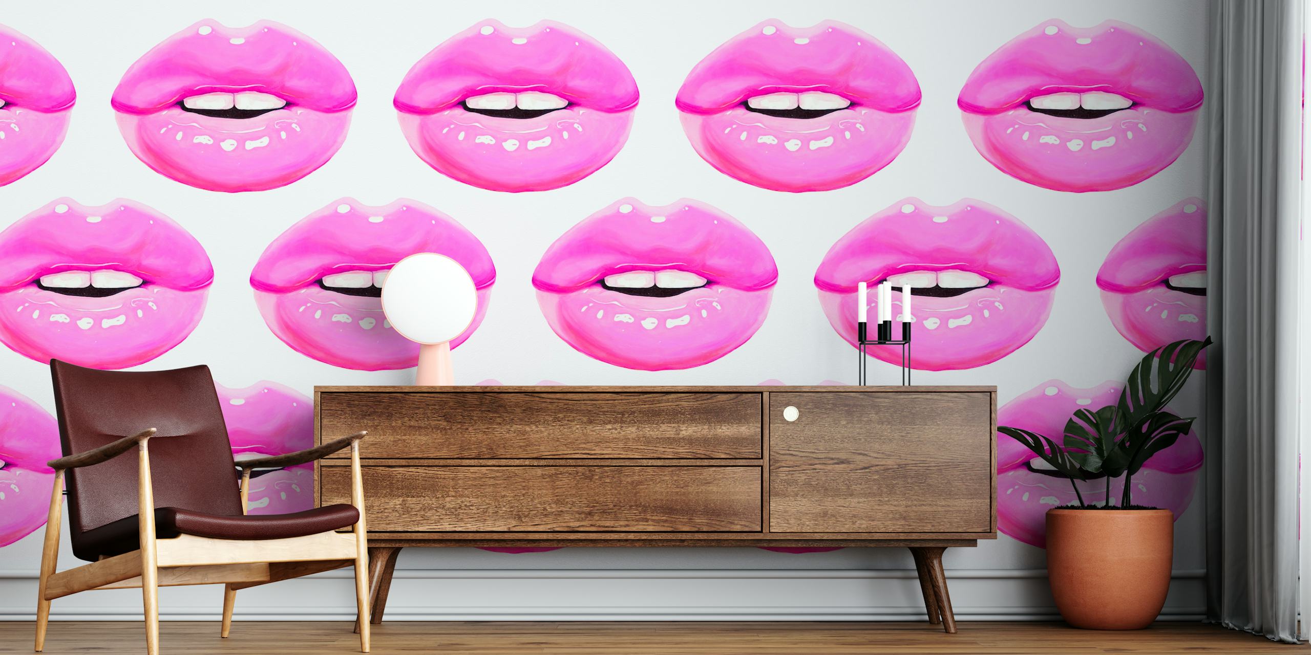 Design de papel de parede Pink lips em um quarto