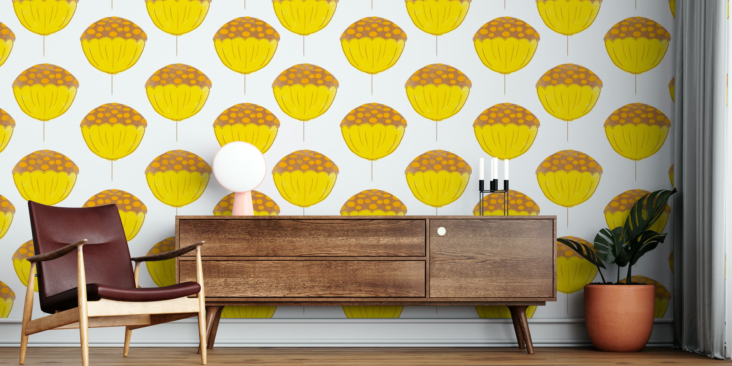 Mid Century Flower Yellow wallpaper design in a room