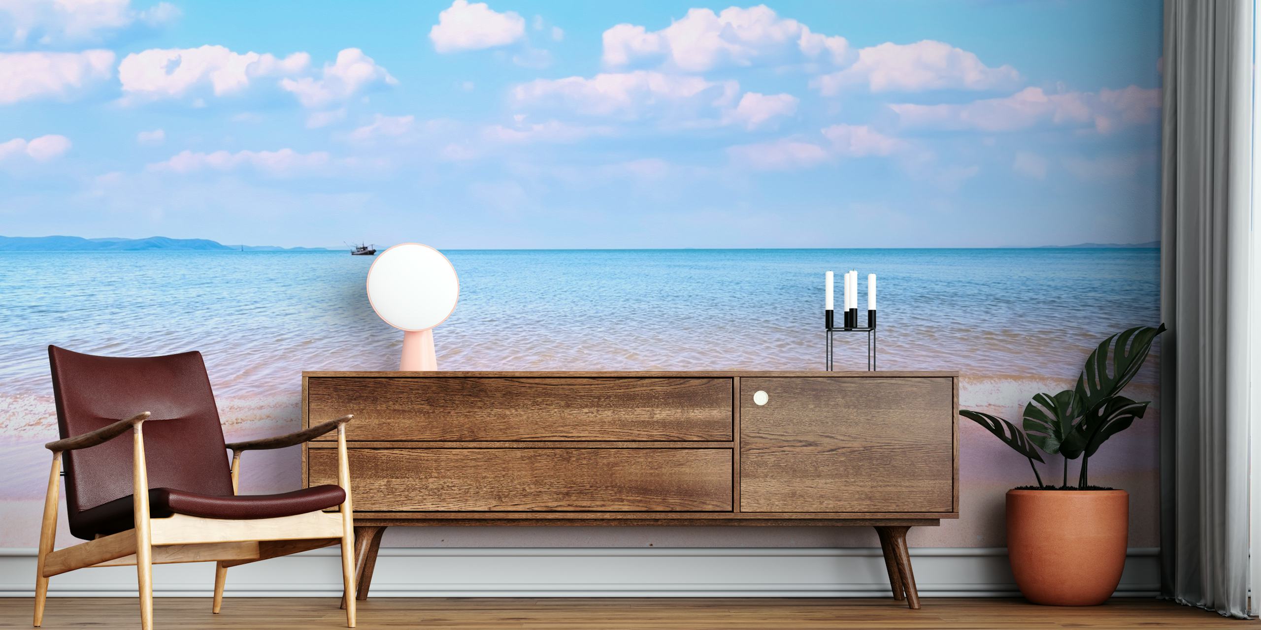 Tropical beach scene wallpaper with soft sand and blue ocean