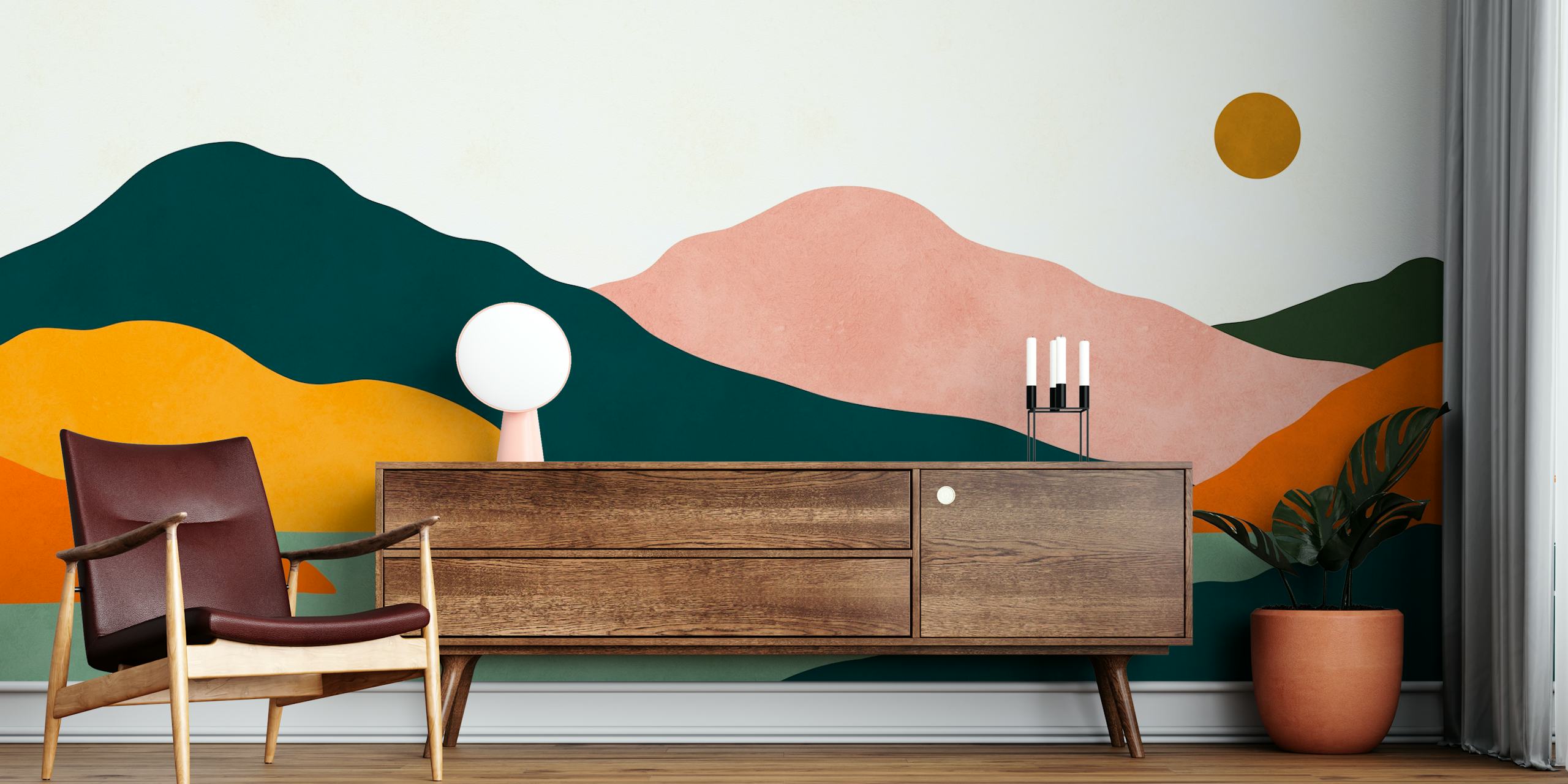 Colorful layered mountains and sun watercolor wallpaper