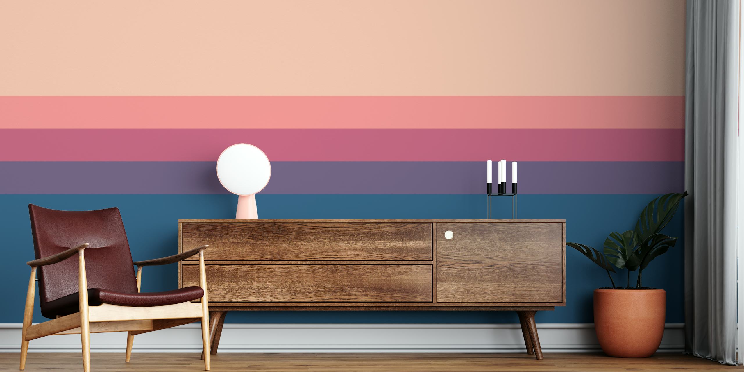 Horizontal stripes in peach, pink, and blue tones wallpaper