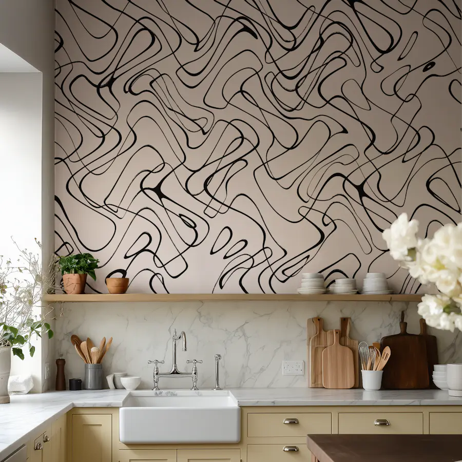 Abstract line wallpaper in a beige room